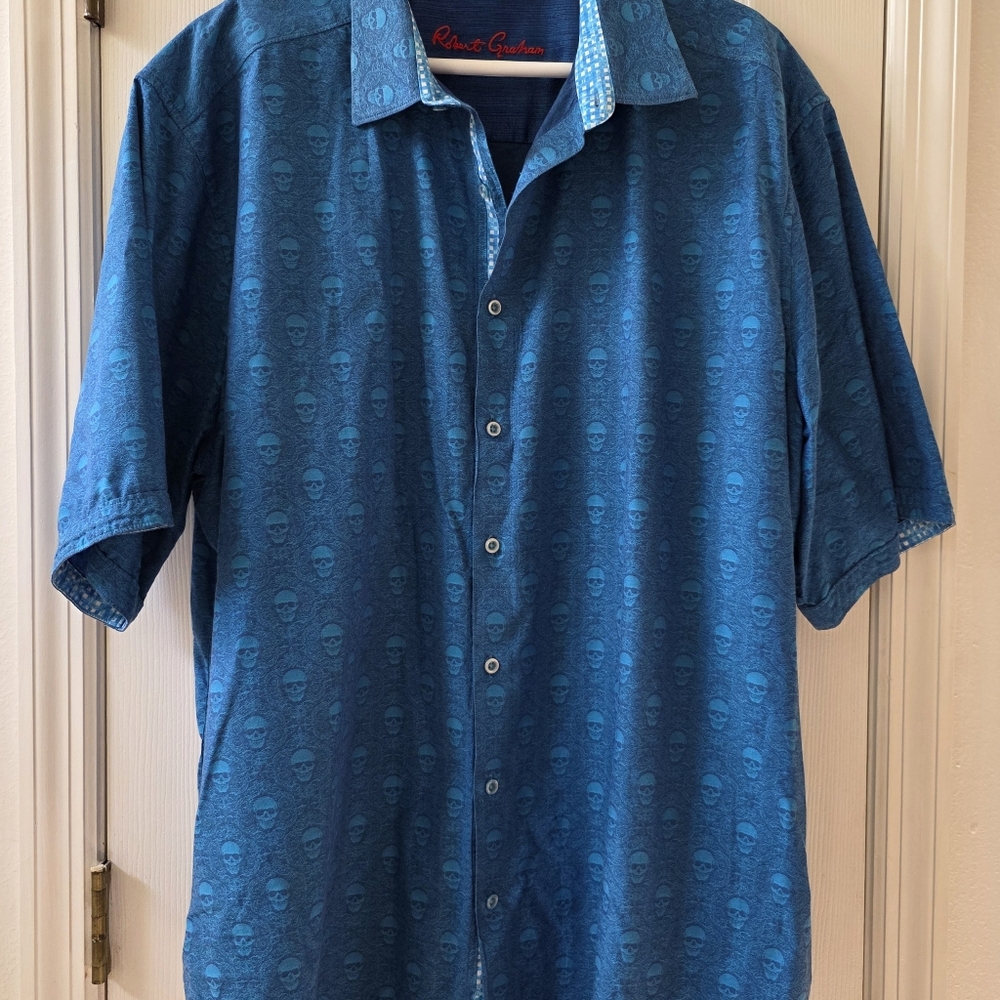 Robert Graham Teal Skull Patterned Men's Shirt